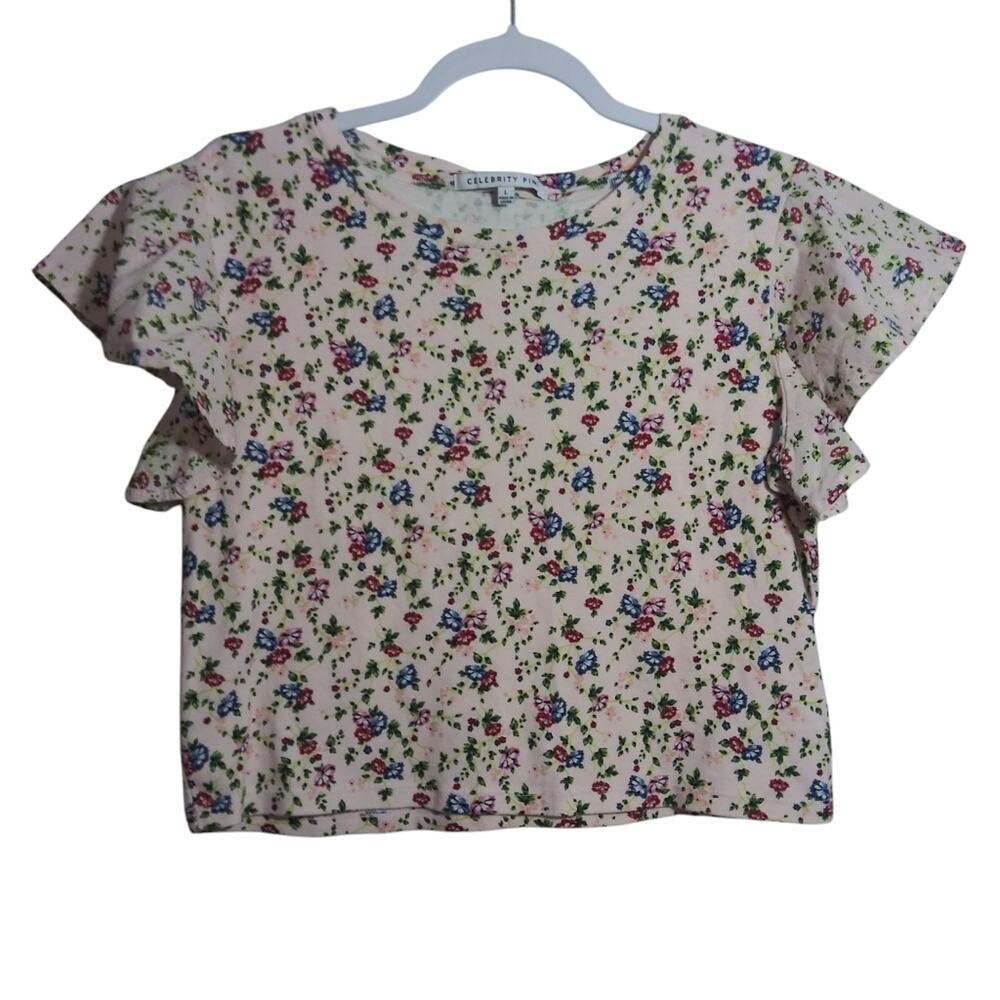 Celebrity Pink Floral Ruffle Short Sleeve Soft Girl Cottage Blouse Top Size L